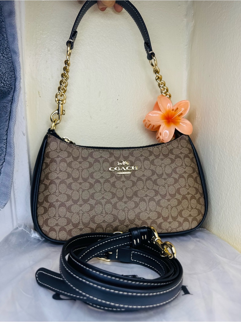 COACH Teri Brown Signature Canvas and Black Leather Shoulder Bag
